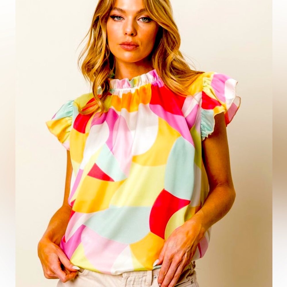 Boutique colorful ruffle sleeve elastic waist top NWT size medium